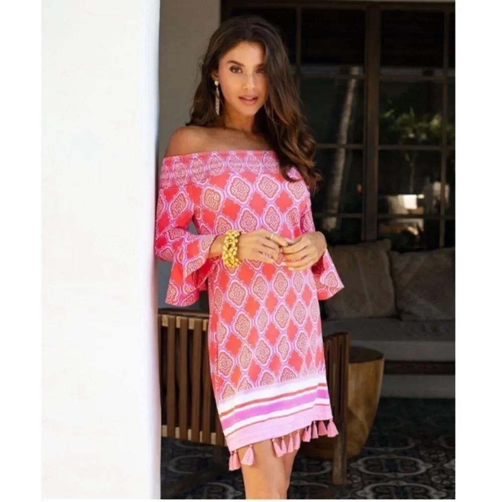 Cabana Life Coral Geo Off Shoulder SPF Dress XS - Picture 3 of 11